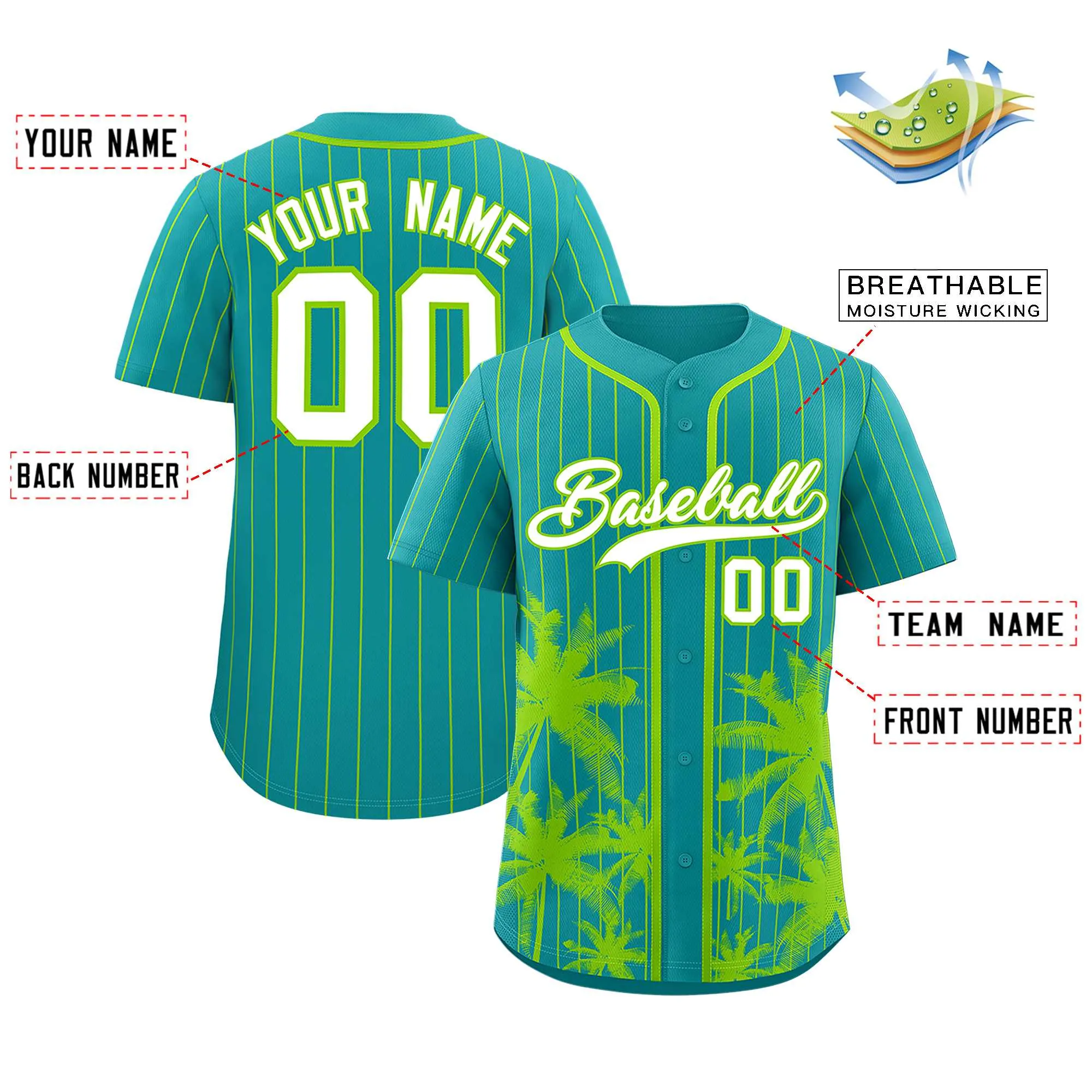 Custom Aqua Neon Green Pinstripe Coconut Tree Pattern Authentic Baseball Jersey