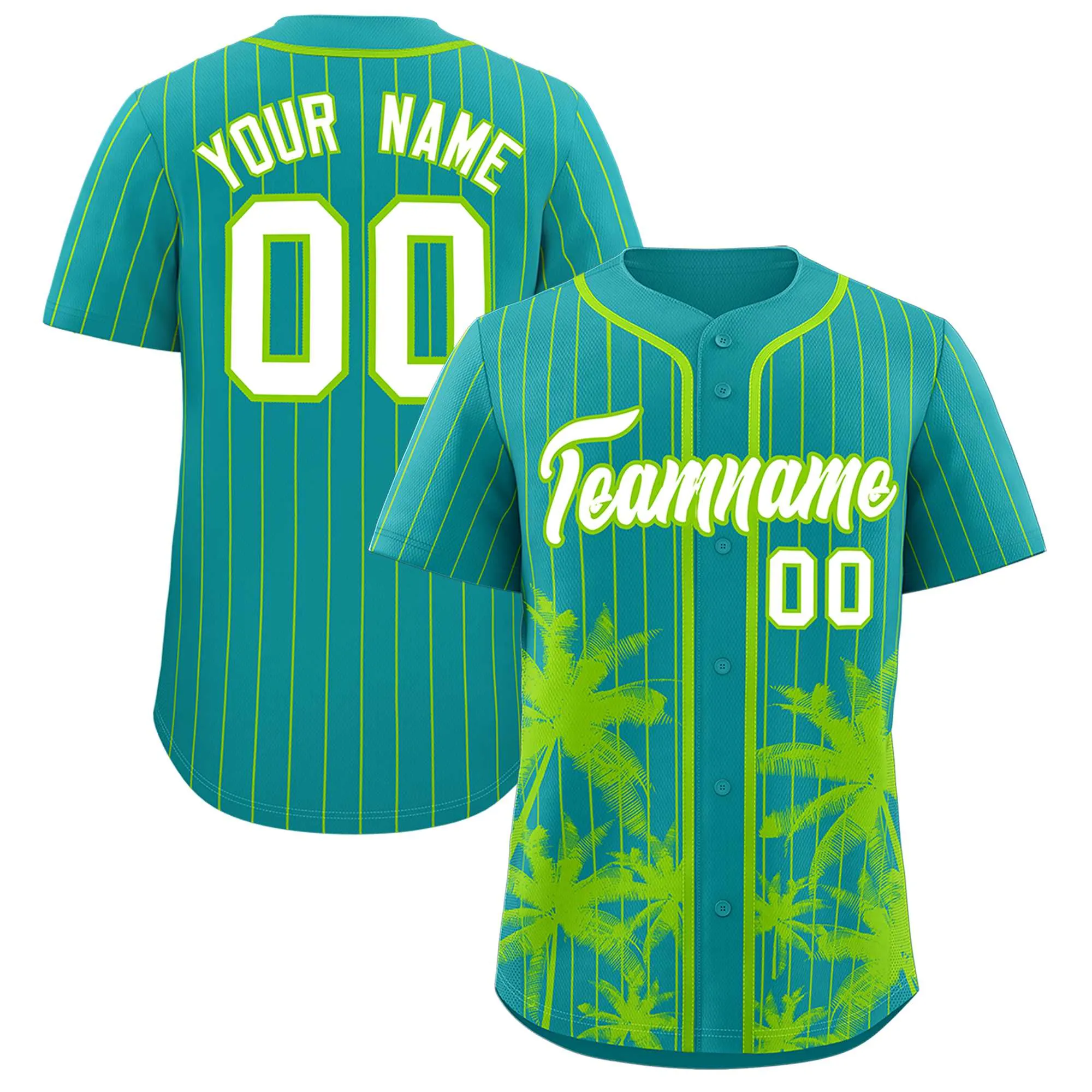 Custom Aqua Neon Green Pinstripe Coconut Tree Pattern Authentic Baseball Jersey