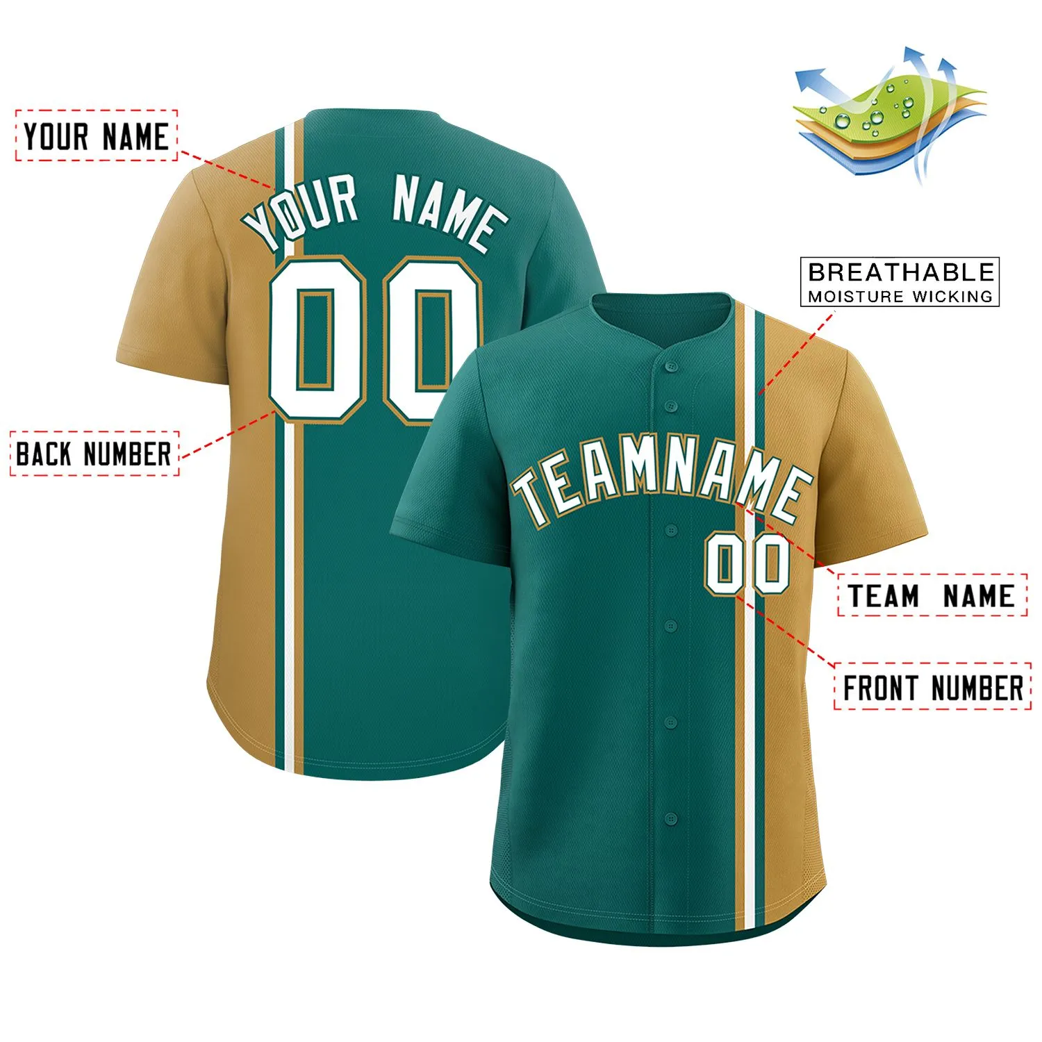 Custom Aqua Old Gold-White Personalized Color Block Authentic Baseball jersey