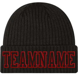 Custom Black Black-Red Stitched Cuffed Knit Hat