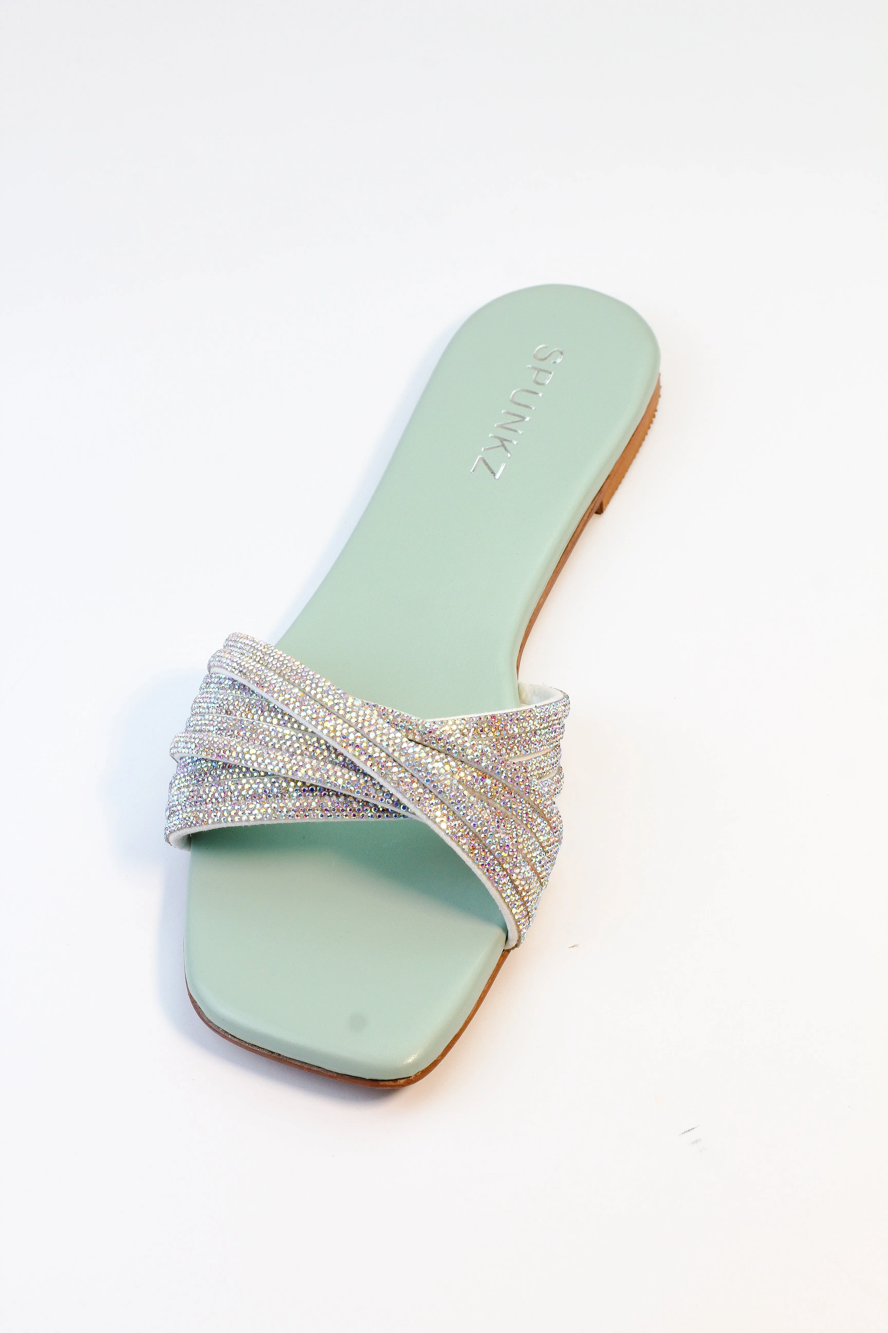 Diana Sea Green Shiny Embellished Flat Slide Sandals