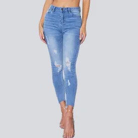 Elastic Ripped Cutout Cuff Washed Jeans