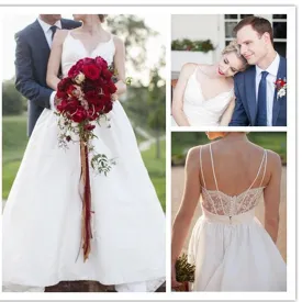 Elegant  A-line Spaghetti Strap White Lace Top V-neck Button Back Gorgeous Wedding Dresses, WD0096