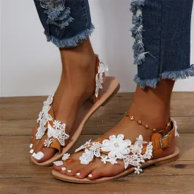 Elegant Floral Lace Bohemian Beach Sandals | Summer Ankle Strap Flat Shoes for Women