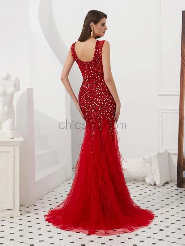 Elegant Red Tulle Lace Applique Beaded Mermaid Long Evening Prom Dresses, XDM1134