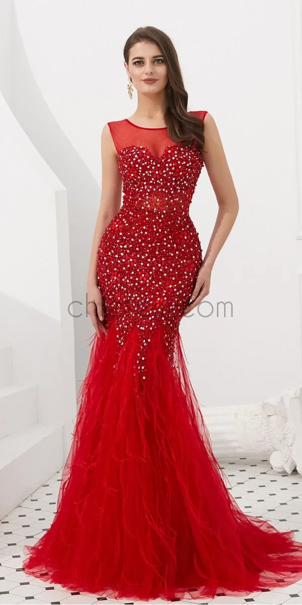 Elegant Red Tulle Lace Applique Beaded Mermaid Long Evening Prom Dresses, XDM1134