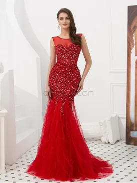 Elegant Red Tulle Lace Applique Beaded Mermaid Long Evening Prom Dresses, XDM1134