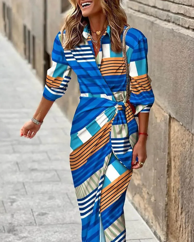 European And American Style Cardigan Lace-up Striped Printed Dress