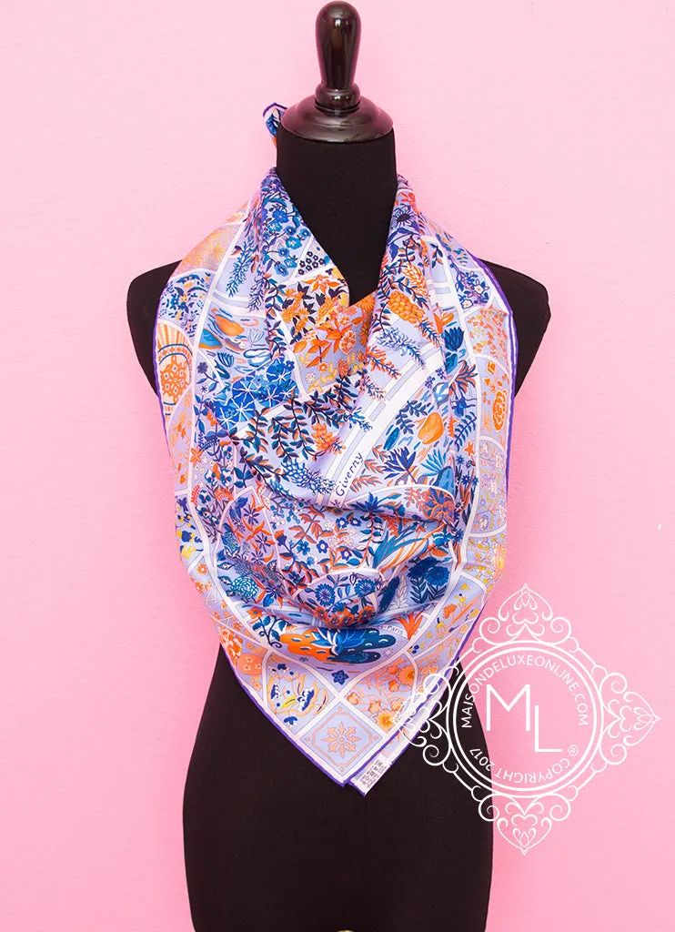 Hermes Blue Orange Twill Silk 90 cm Fleurs de Giverny Scarf