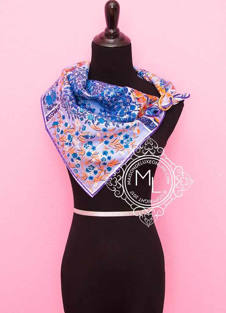 Hermes Blue Orange Twill Silk 90 cm Fleurs de Giverny Scarf