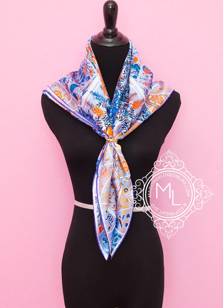 Hermes Blue Orange Twill Silk 90 cm Fleurs de Giverny Scarf