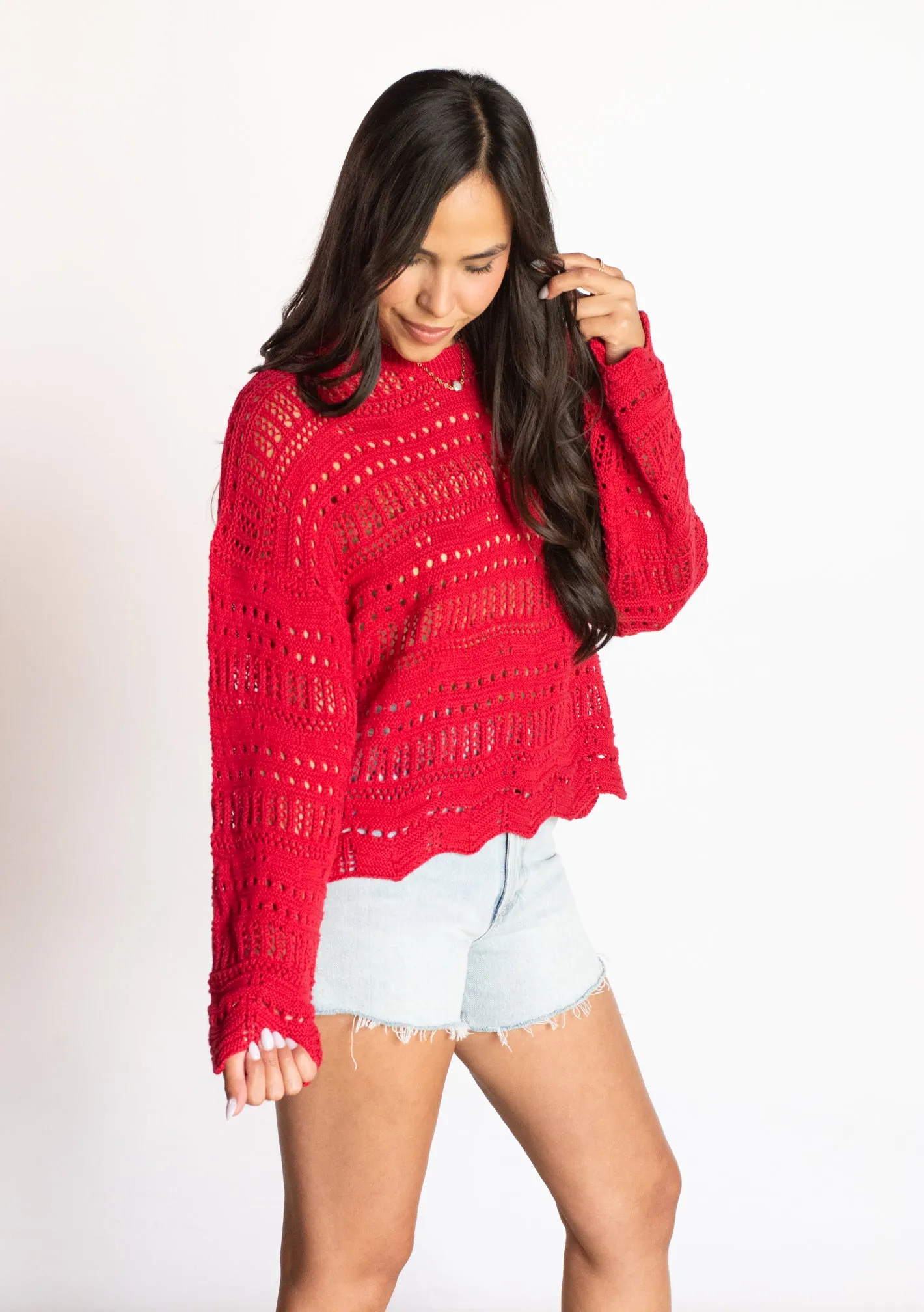 Keep Your Promises Red Crochet Sweater Top