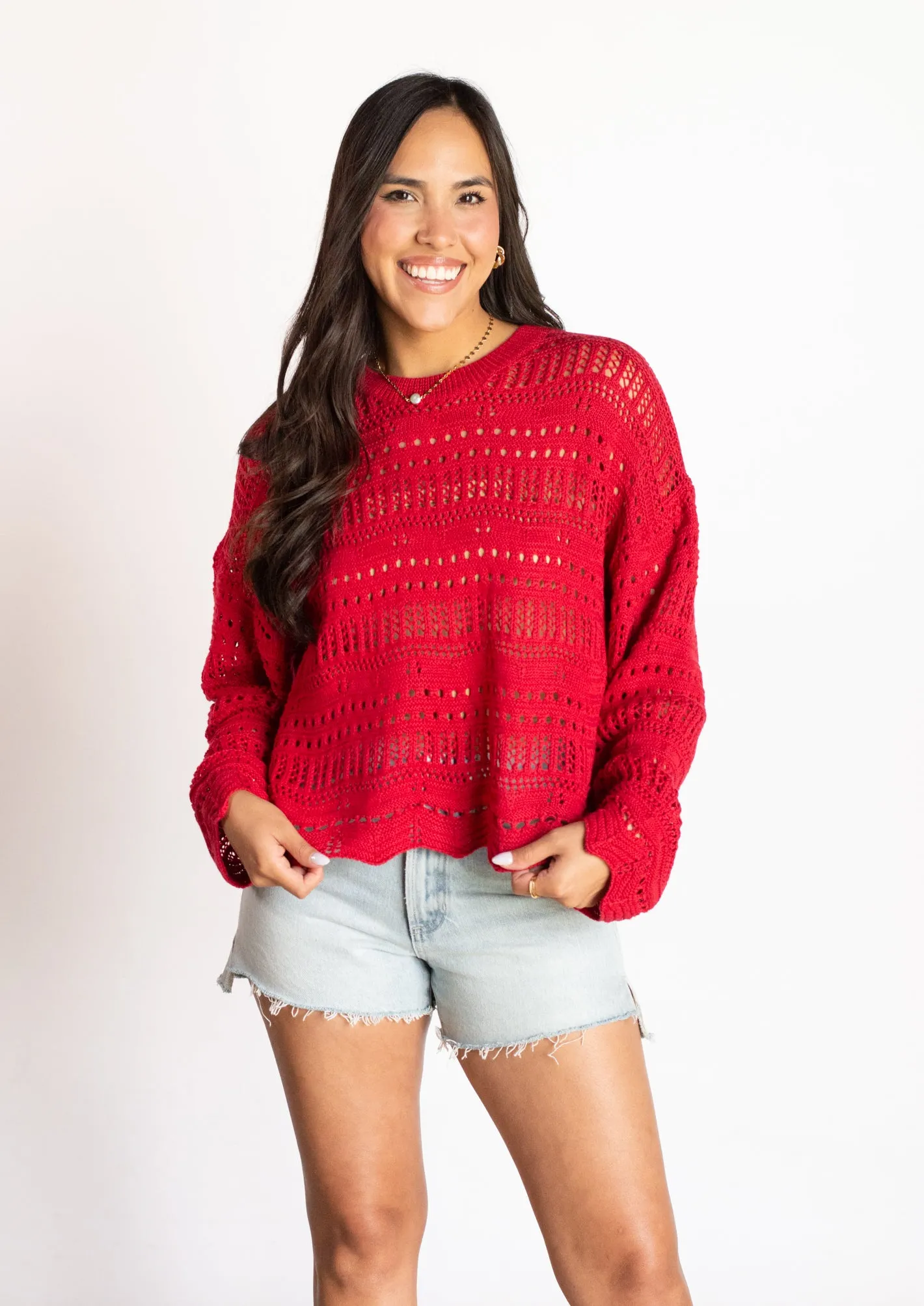 Keep Your Promises Red Crochet Sweater Top