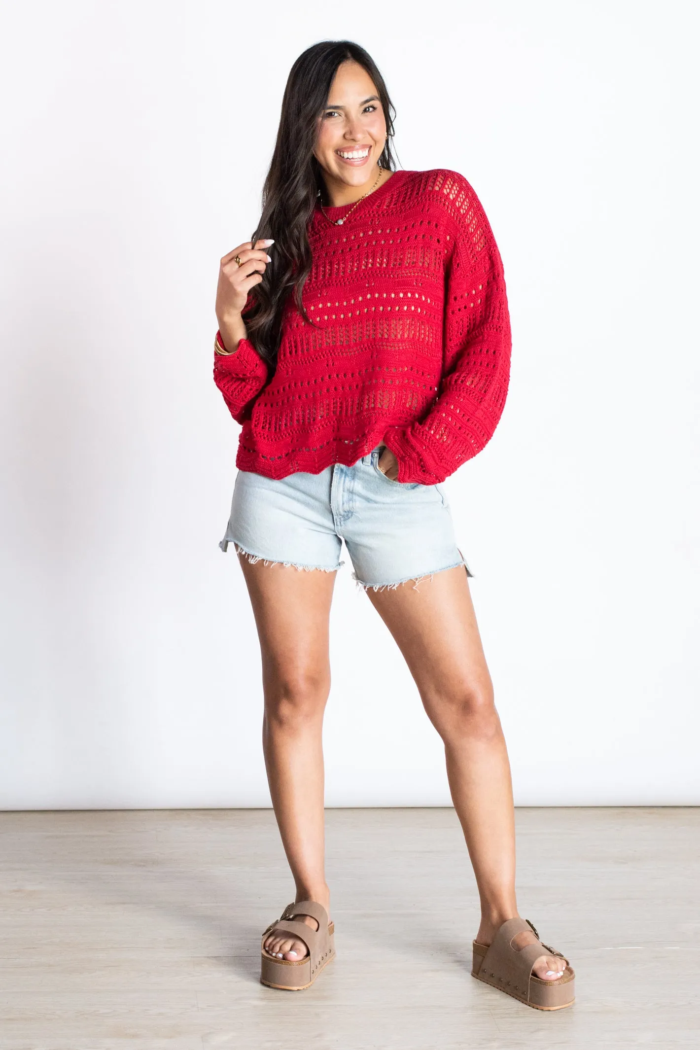 Keep Your Promises Red Crochet Sweater Top