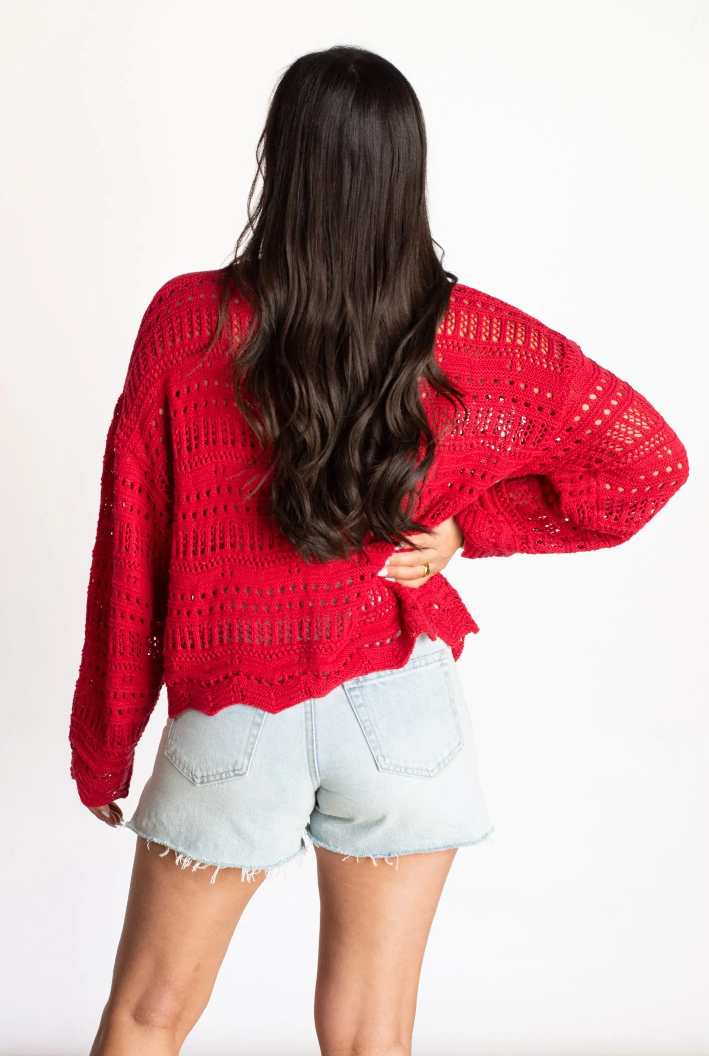 Keep Your Promises Red Crochet Sweater Top