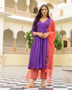 Kurta Pant Set Anarkali Style with Duppata and Modal Embroidery -Jolie