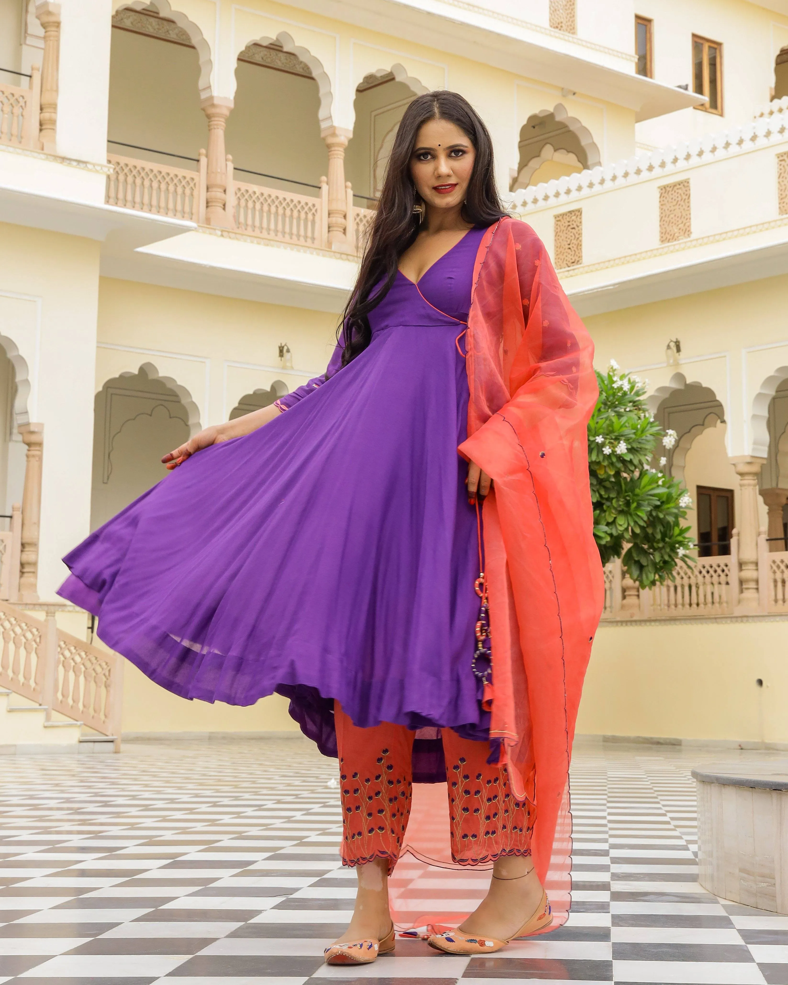 Kurta Pant Set Anarkali Style with Duppata and Modal Embroidery -Jolie