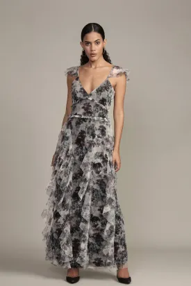 Malin Maxi Dress in Black and White Floral