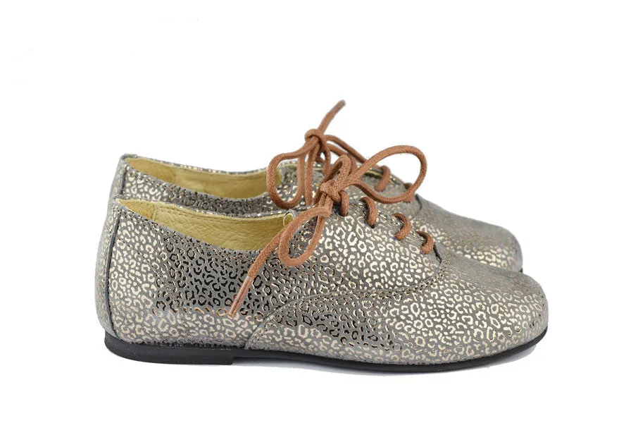 Manuela de Juan Girls Grey Suede Derby with Metallic Bronze Leopard Print