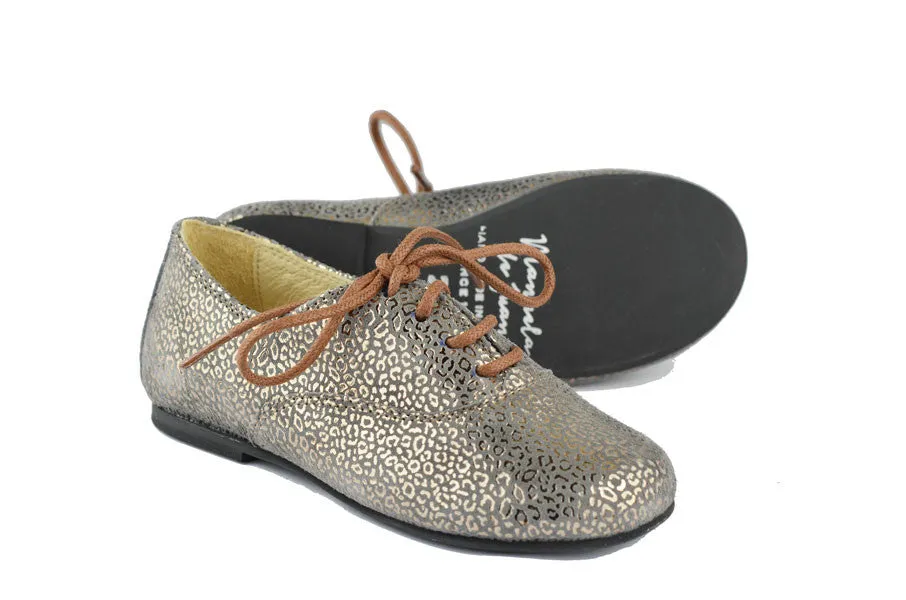 Manuela de Juan Girls Grey Suede Derby with Metallic Bronze Leopard Print