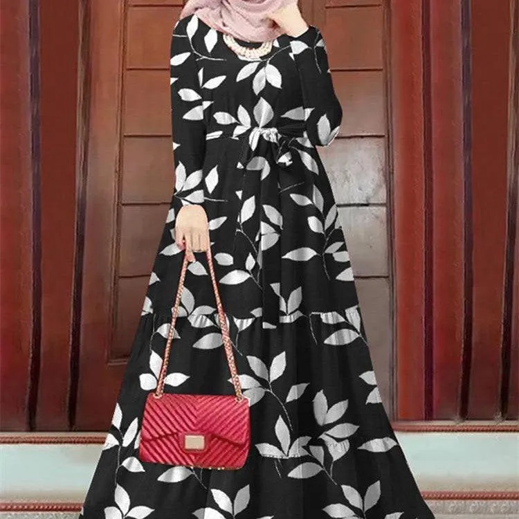 Muslim Floral Print Long Sleeve Swing outfit with Lace