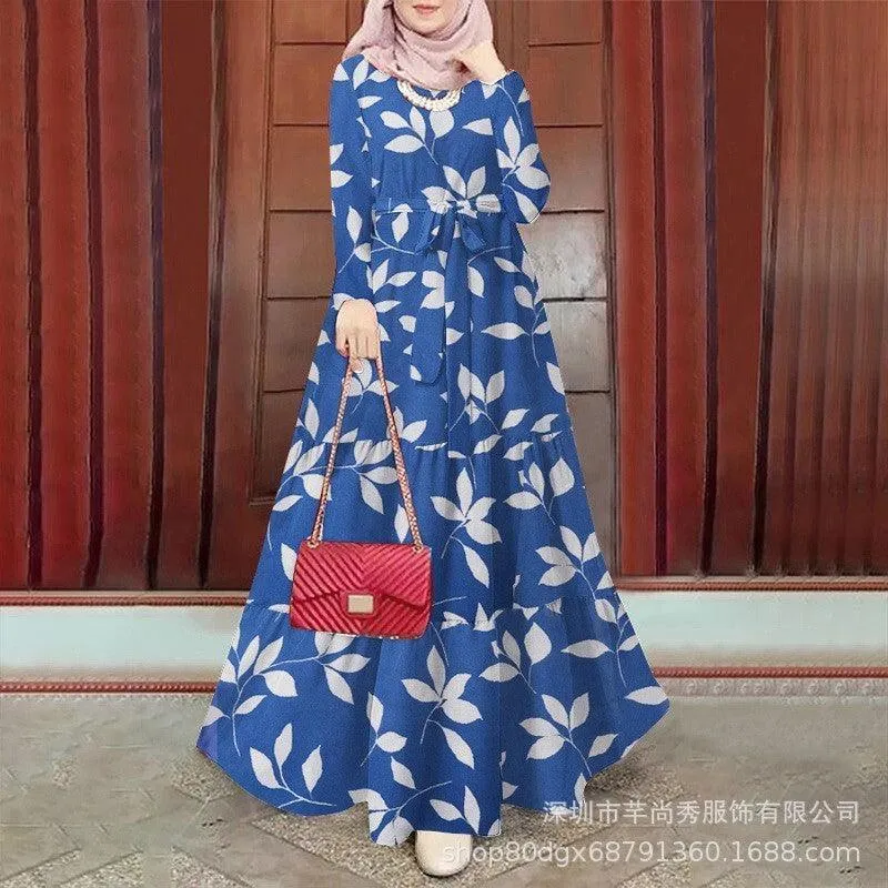 Muslim Floral Print Long Sleeve Swing outfit with Lace