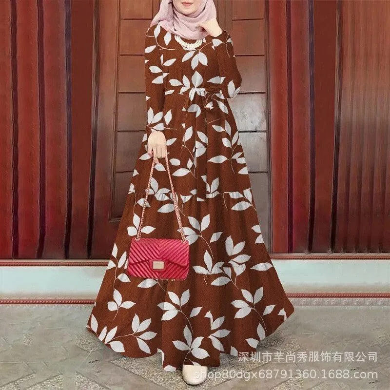 Muslim Floral Print Long Sleeve Swing outfit with Lace