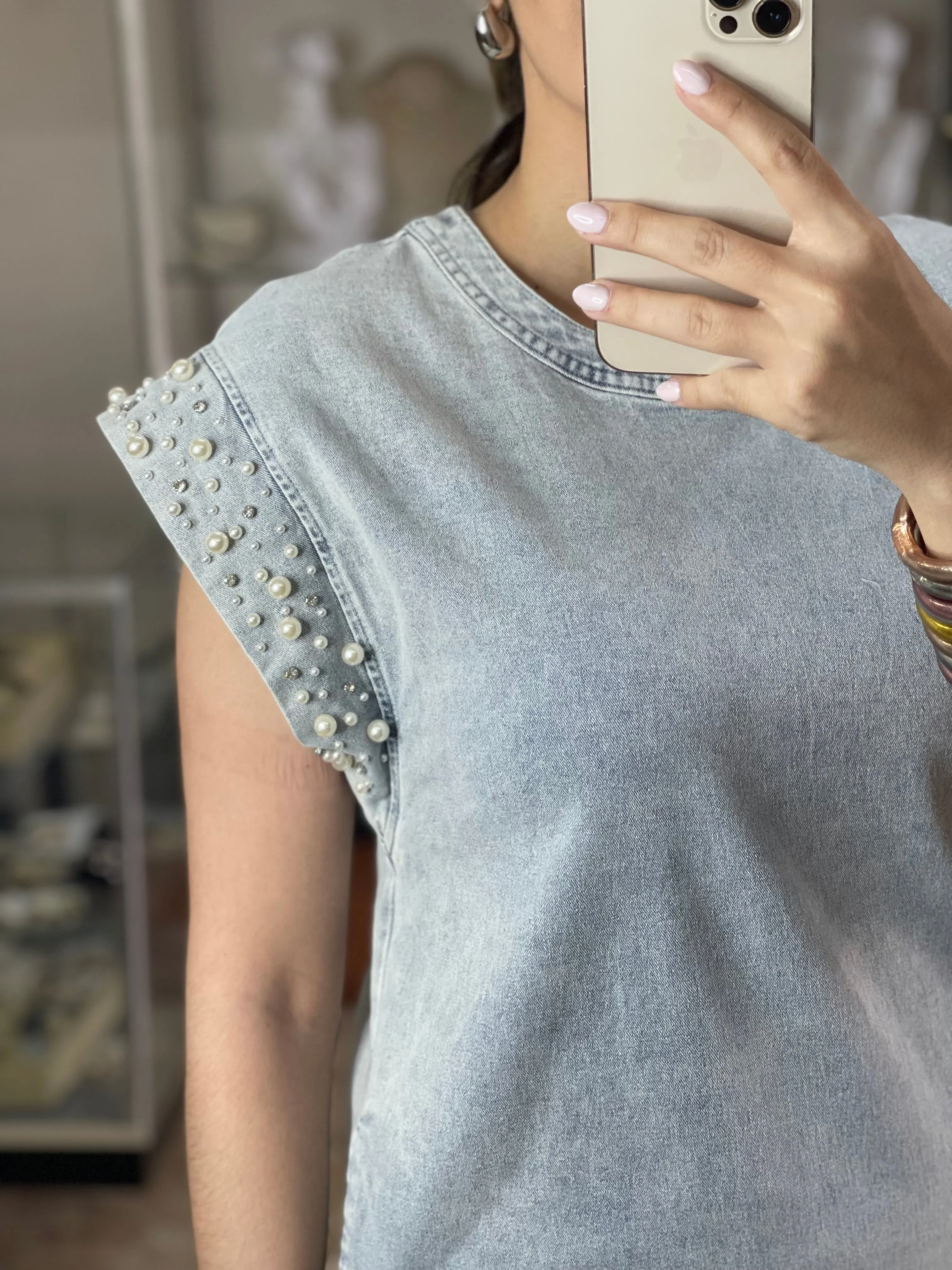 Pearl Details Denim Dress