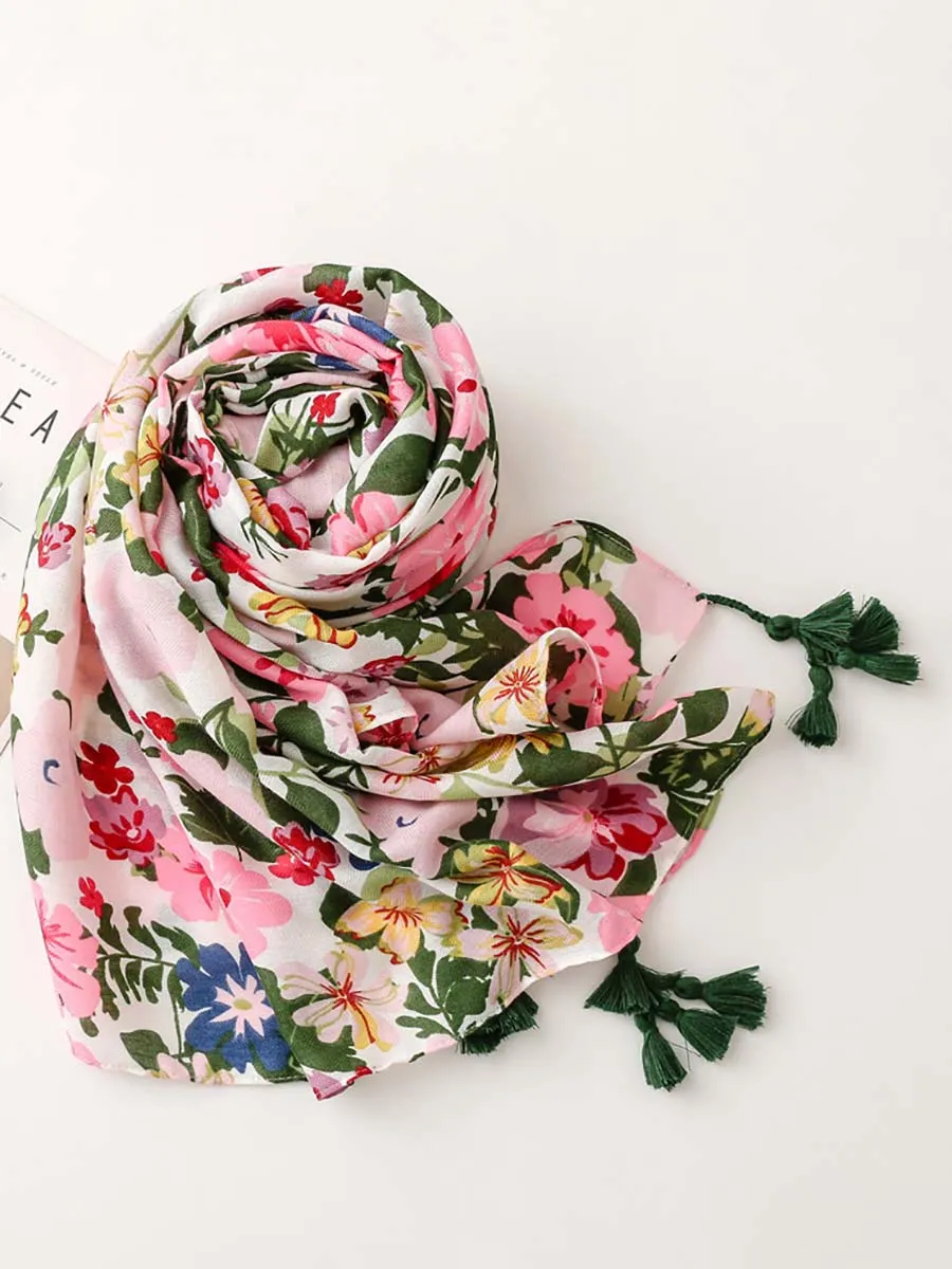 Plant Floral Print Sunscreen Tassel Shawl Scarf