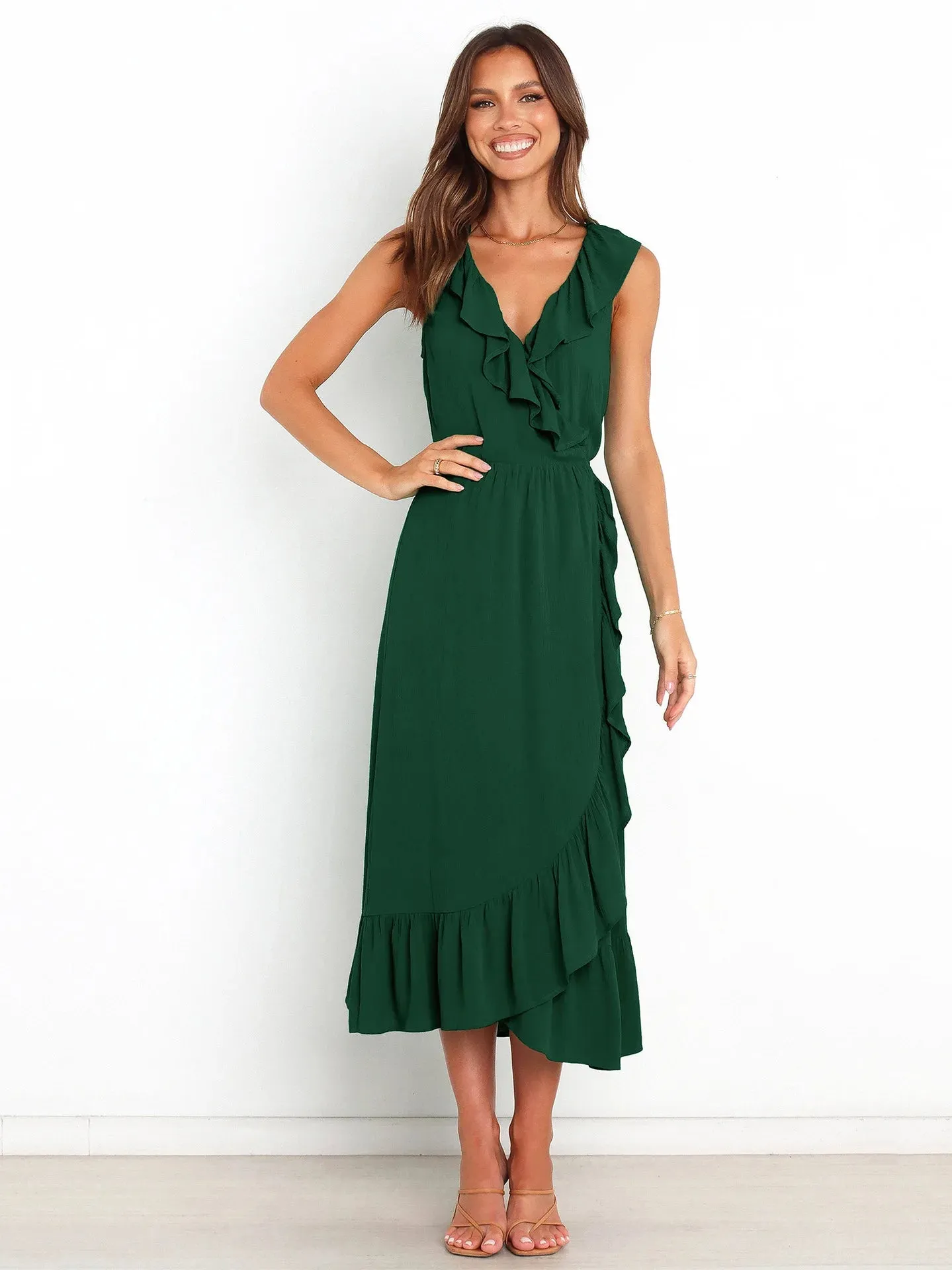 Ruffled Sleeveless V-neck Ruffled High-grade Elegant Traf Midi Dresses