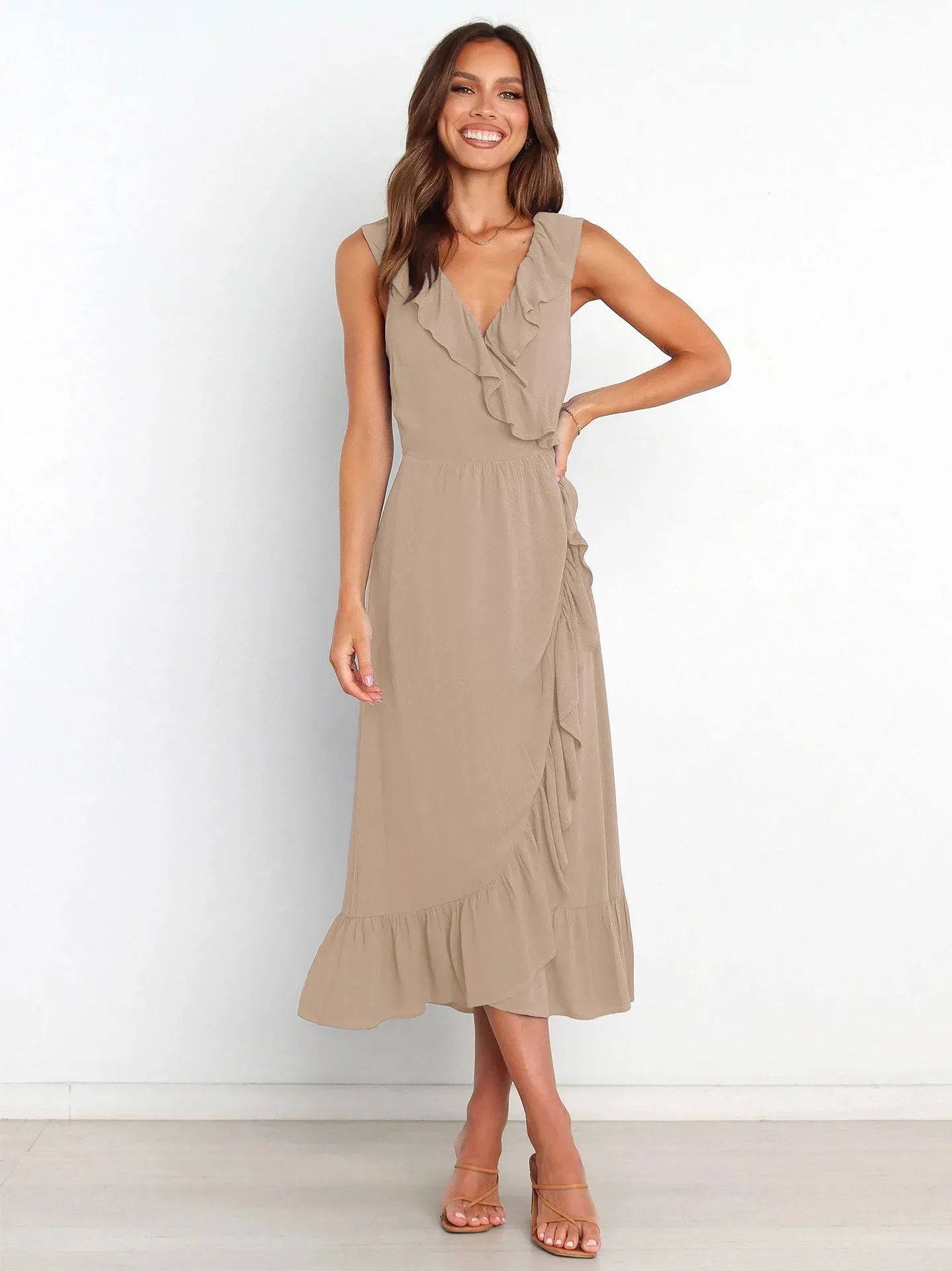 Ruffled Sleeveless V-neck Ruffled High-grade Elegant Traf Midi Dresses