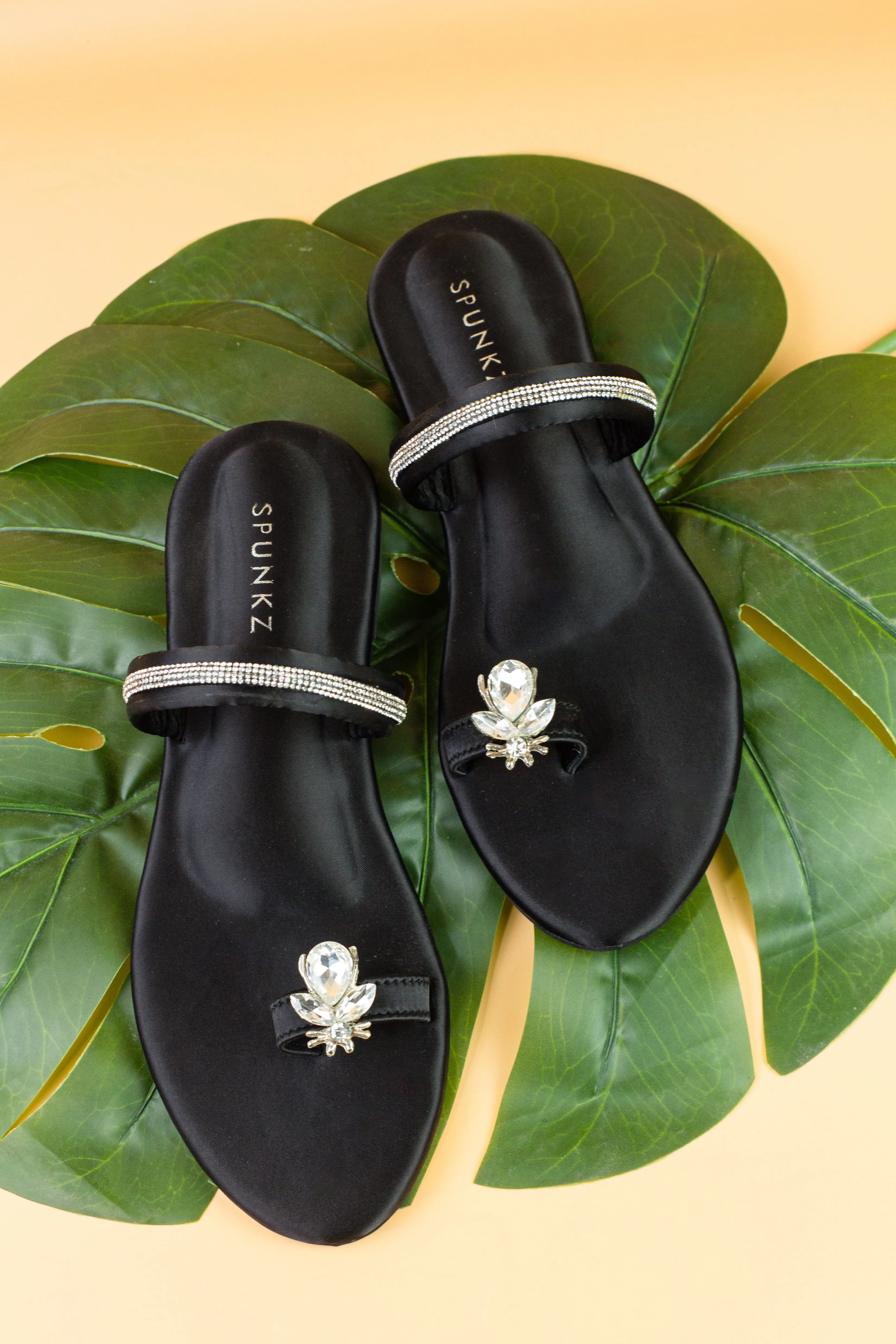 Spunkz Metallic Black Rhinestone Strap Bee Flats