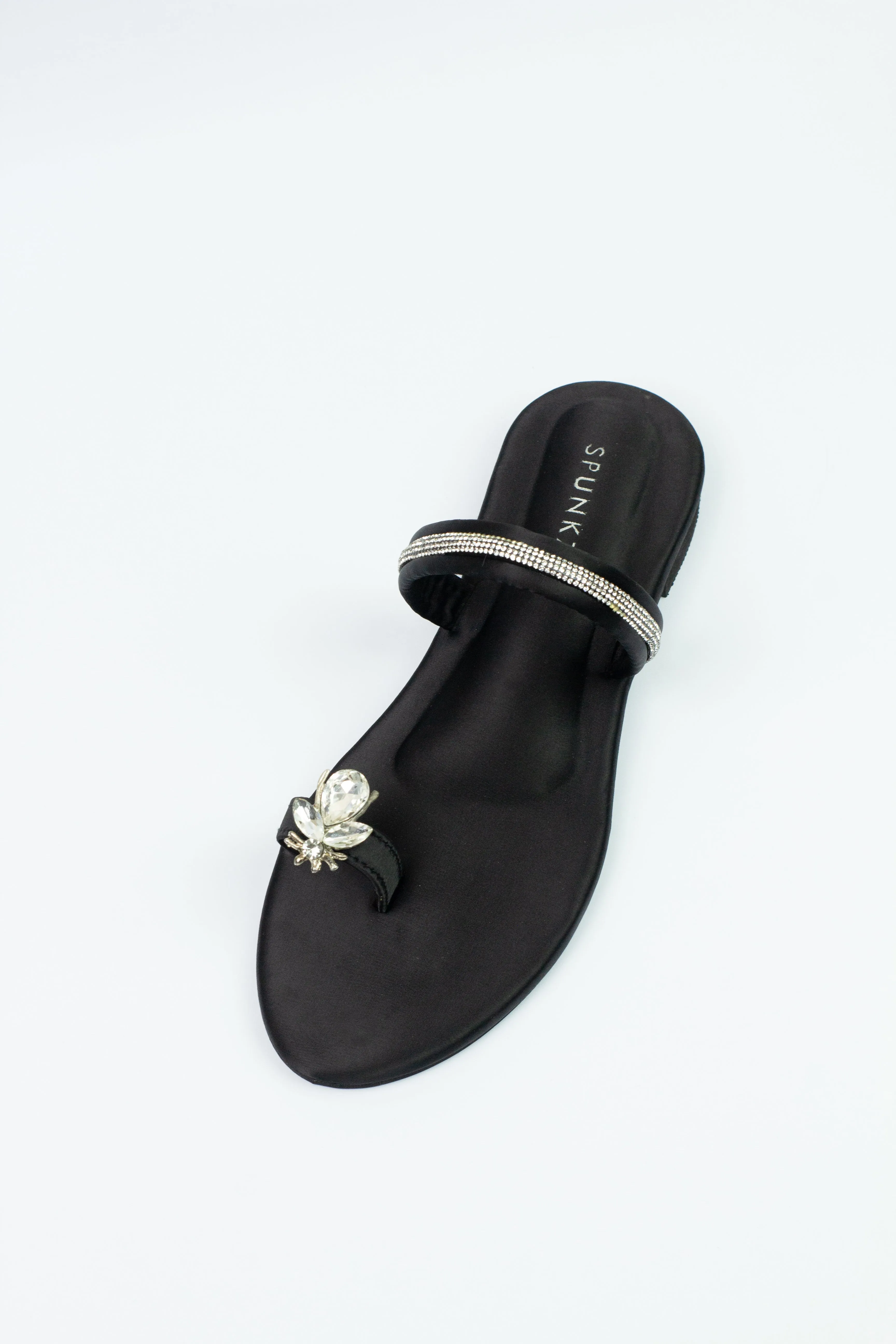 Spunkz Metallic Black Rhinestone Strap Bee Flats