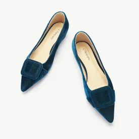 Square Buckle Velvet Flats (Aida) Peacock Blue