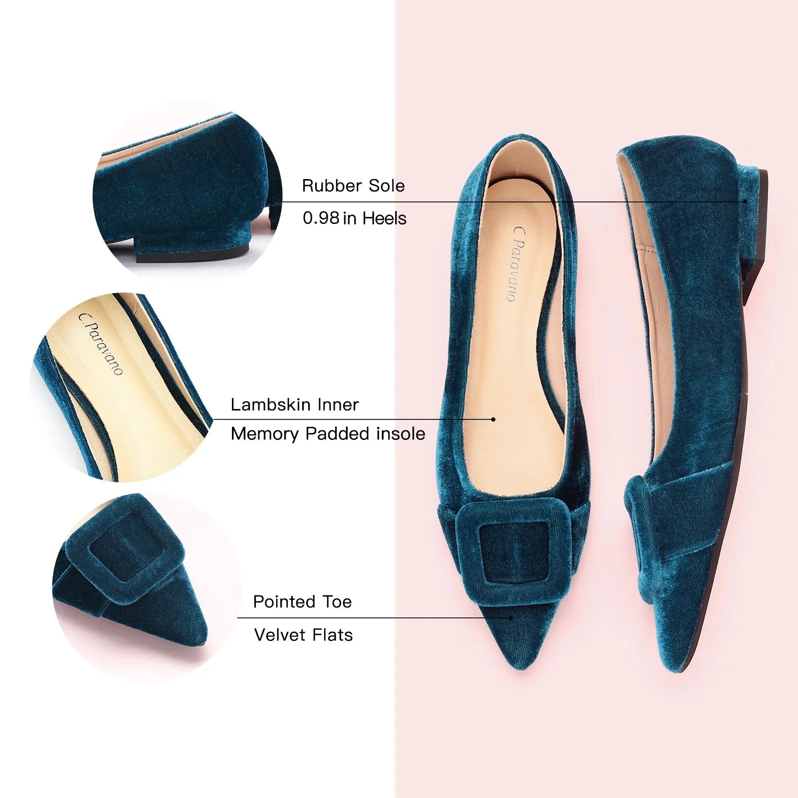 Square Buckle Velvet Flats (Aida) Peacock Blue