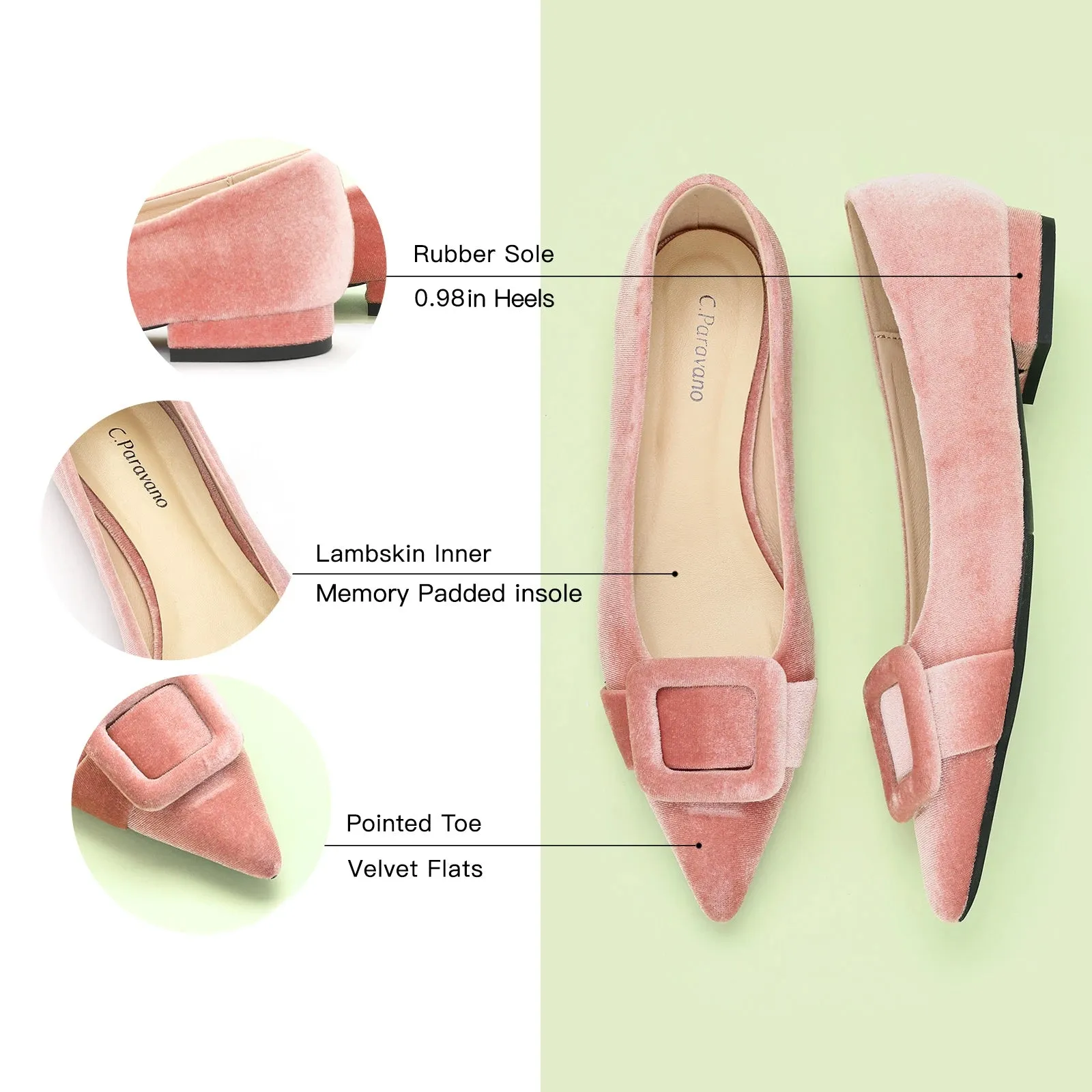 Square Buckle Velvet Flats (Aida) Pink