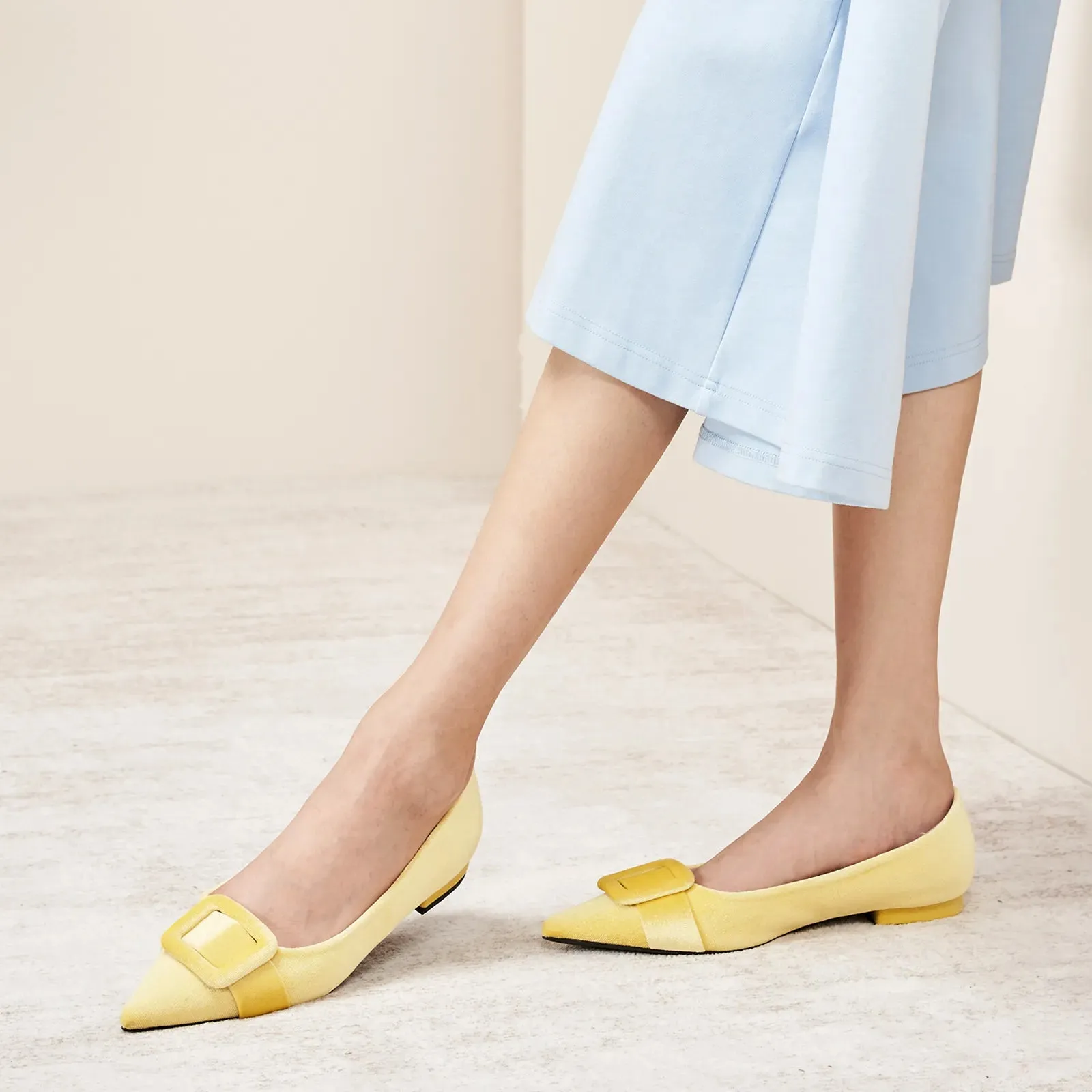 Square Buckle Velvet Flats (Aida) Yellow