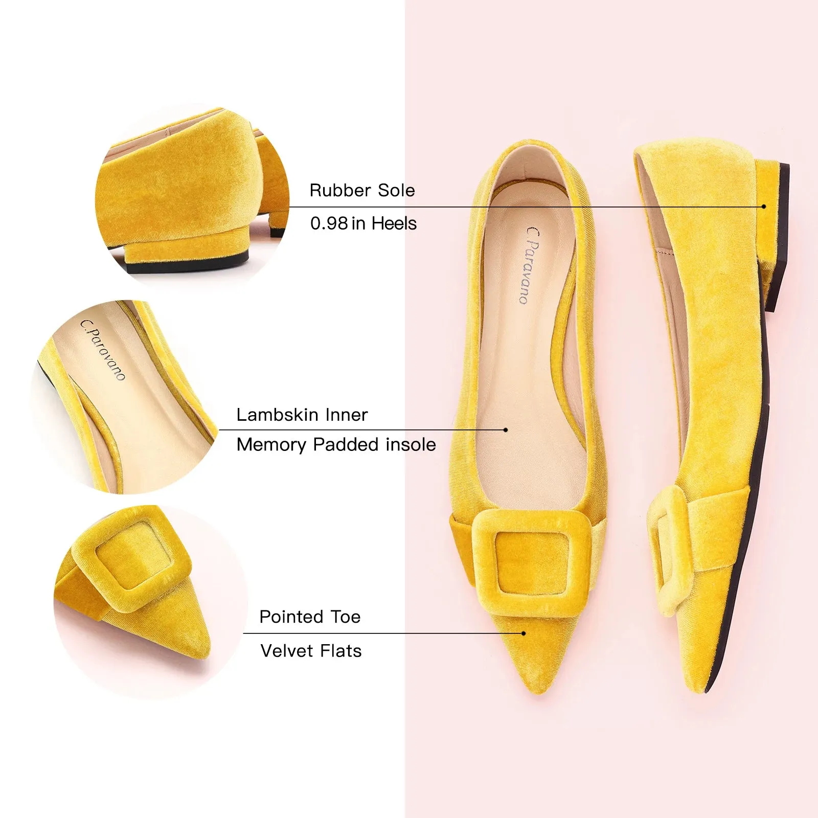 Square Buckle Velvet Flats (Aida) Yellow