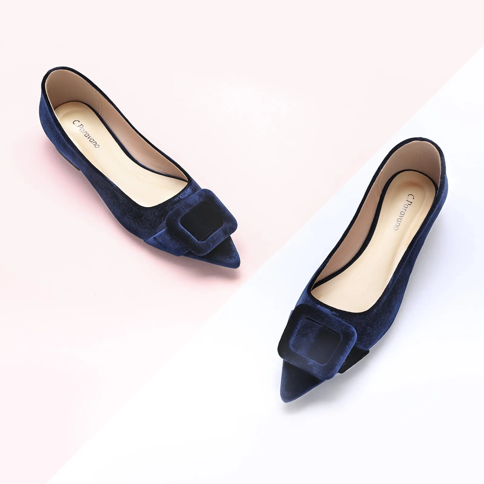 Square Buckle Velvet Flats (Aida)