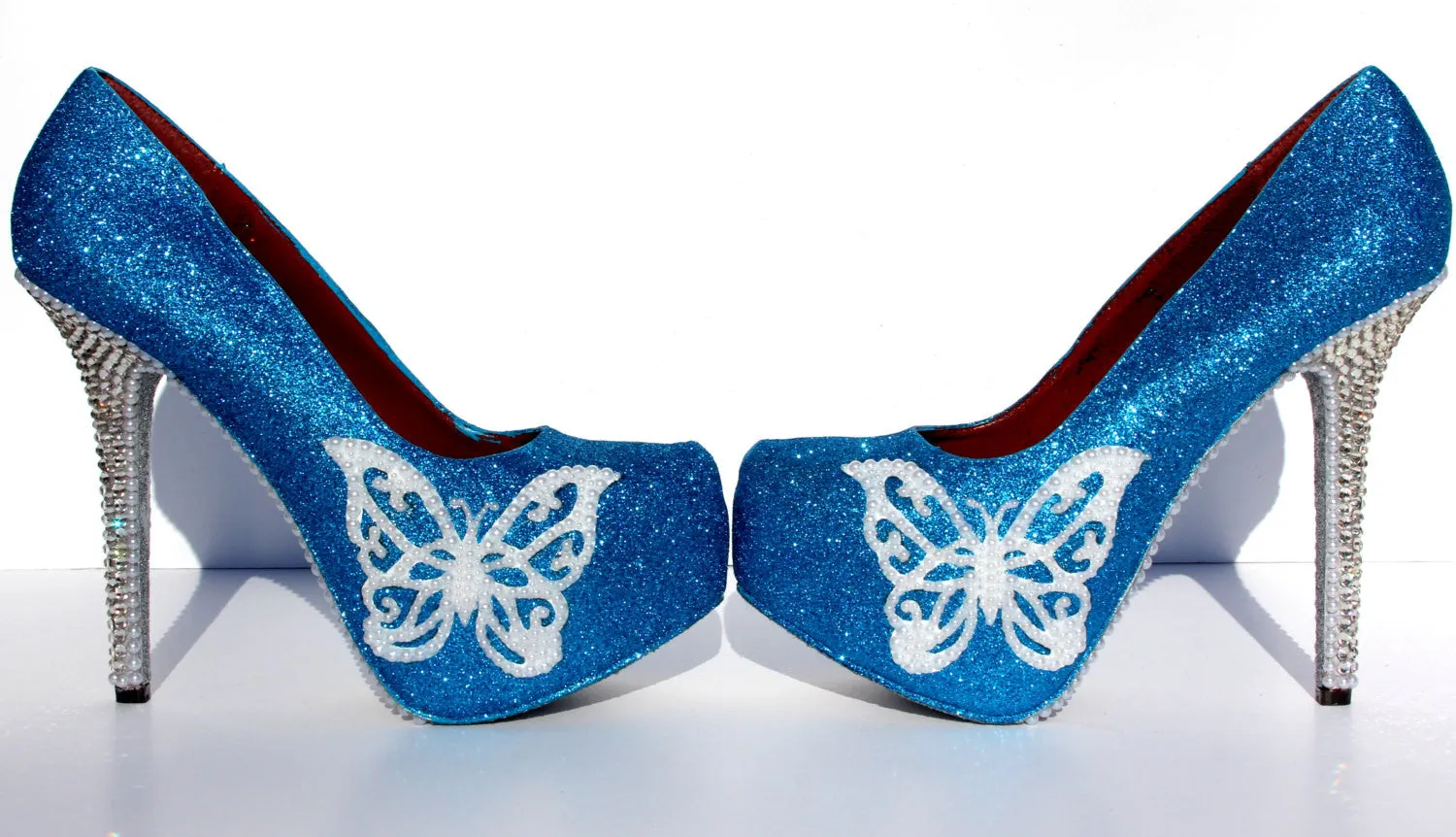 Turquoise Butterfly Glitter Heels with Crystals & Pearls