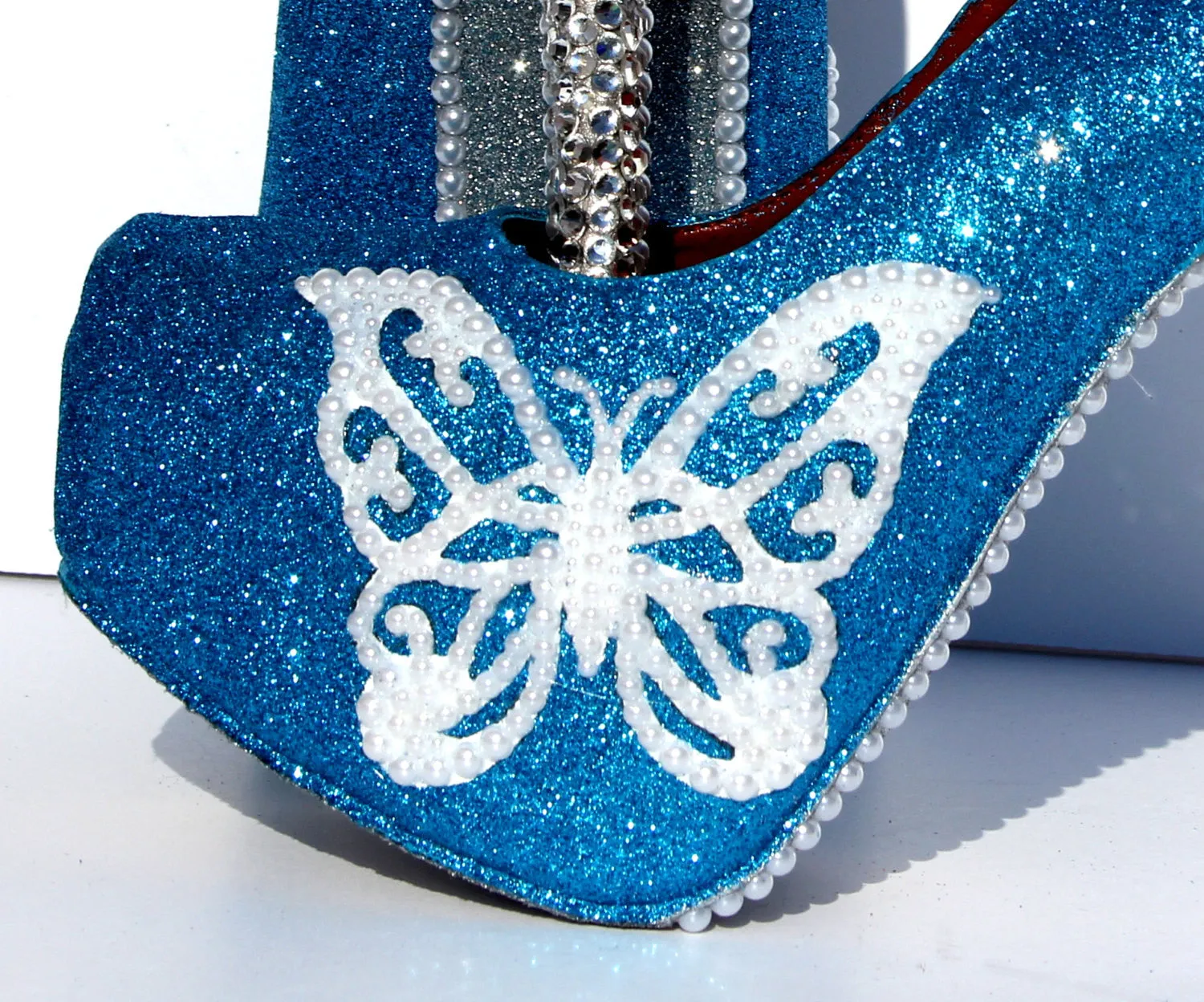 Turquoise Butterfly Glitter Heels with Crystals & Pearls