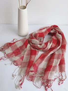 Women Vintage Plaid Tassel Linen Shawl Scarf