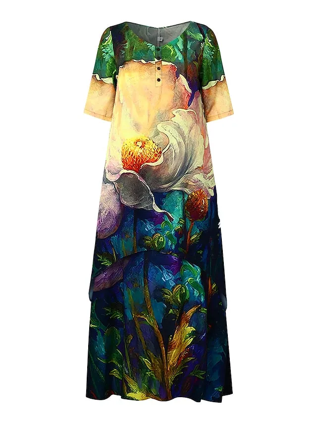 Women's Casual Dress Swing Dress Long Dress Maxi Dress Green Blue Khaki Long Sleeve Animal Pocket Spring Summer V Neck Spring Dress Weekend Loose Fit 2023 S M L XL XXL 3XL 4XL