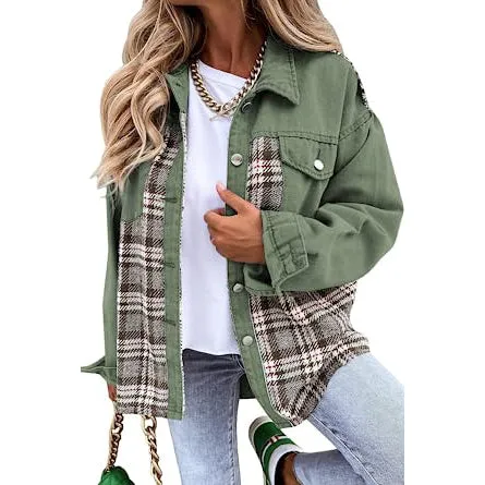 Women's Denim Jacket Long Sleeve Plaid Button Down Shirts Shacket