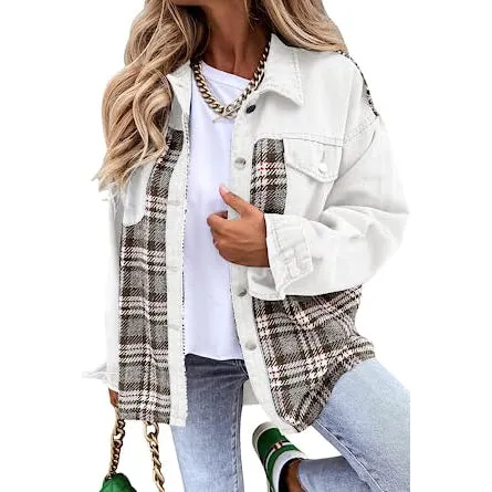 Women's Denim Jacket Long Sleeve Plaid Button Down Shirts Shacket