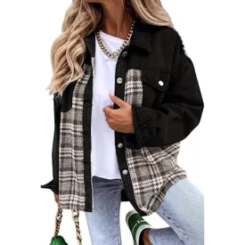 Women's Denim Jacket Long Sleeve Plaid Button Down Shirts Shacket