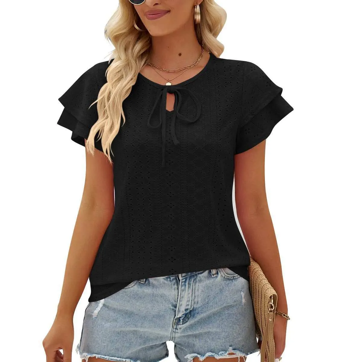 Womens Shirts Double-layer Sleeve Top Loose Hole Hollow-out Lace-up Double-layer Sleeve Top