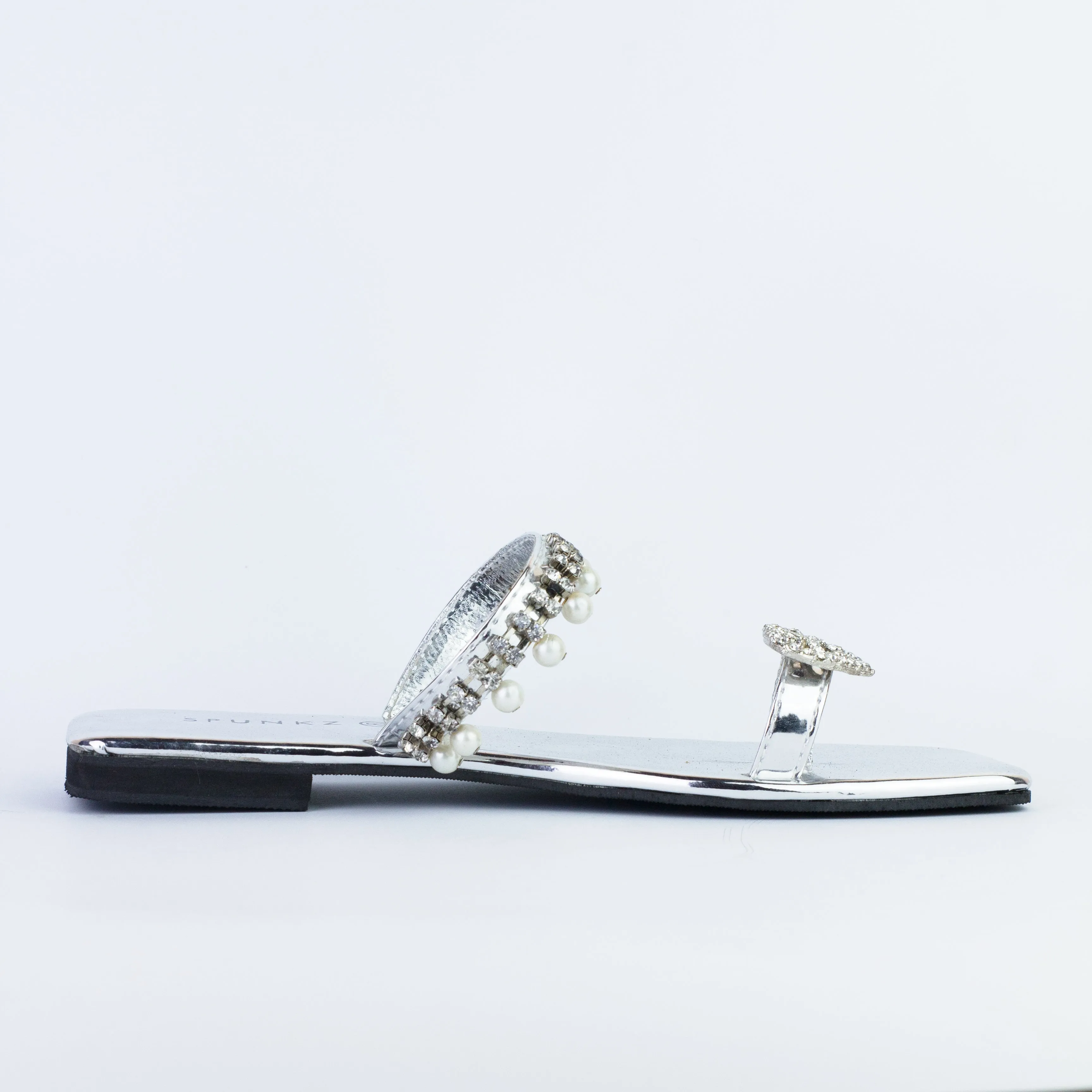 Zoe Silver Square Toe Pearl Embellishment Flat Slides